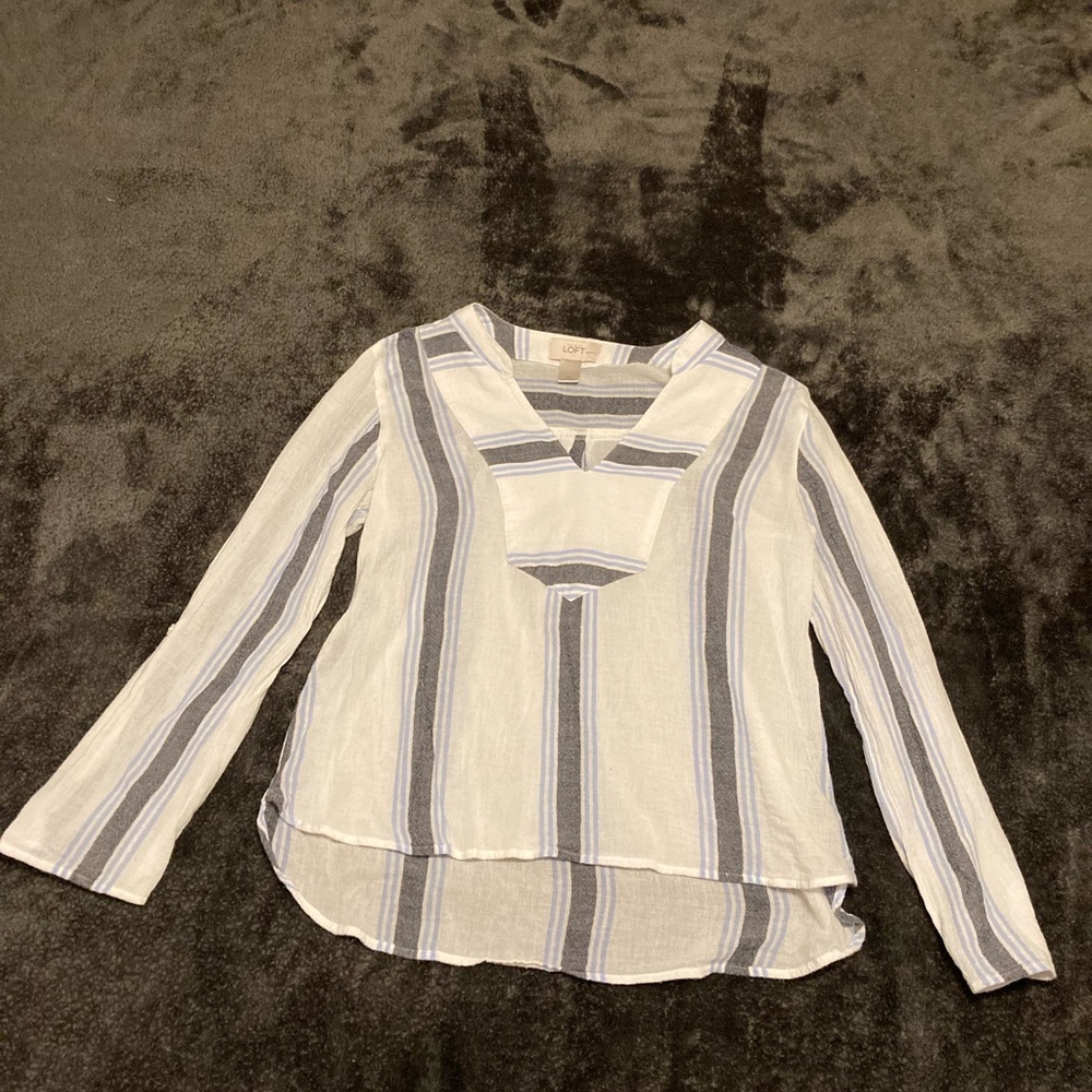LOFT Women's White and Gray Striped Blouse